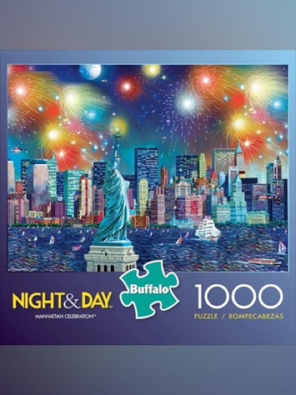 Buffalo David Bitton Blue Teal Skyline Puzzle with Multicolor Fireworks